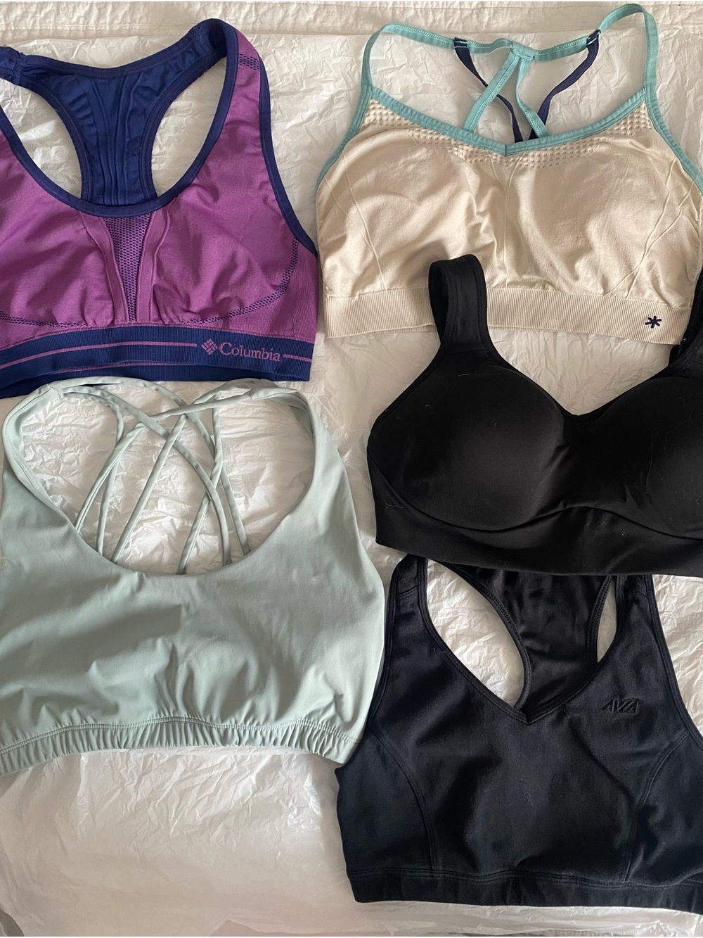 Columbia Purple/Navy reversible Racerback Sports Bra and 4 other sports bras